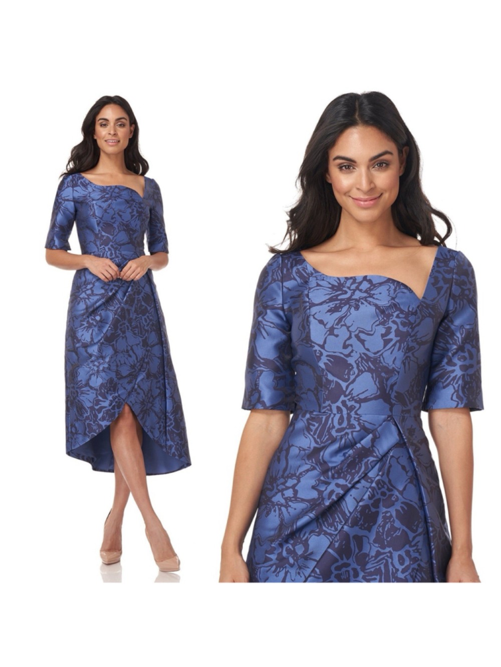 Kay Unger Blue Asymmetrical Neck Tallulah Floral Jacquard Midi Dress 4